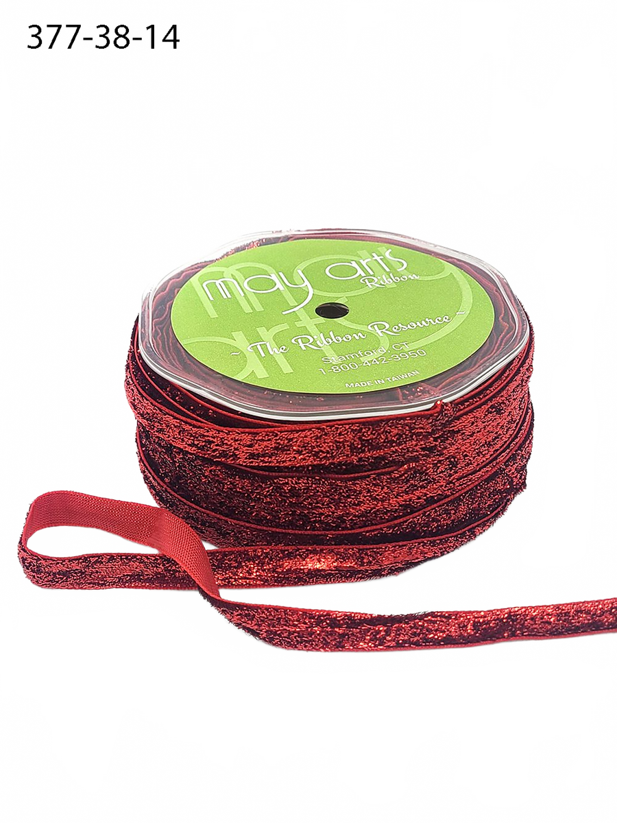 3/8 Inch Woven Metallic Red Velvet Ribbon With Woven Edge