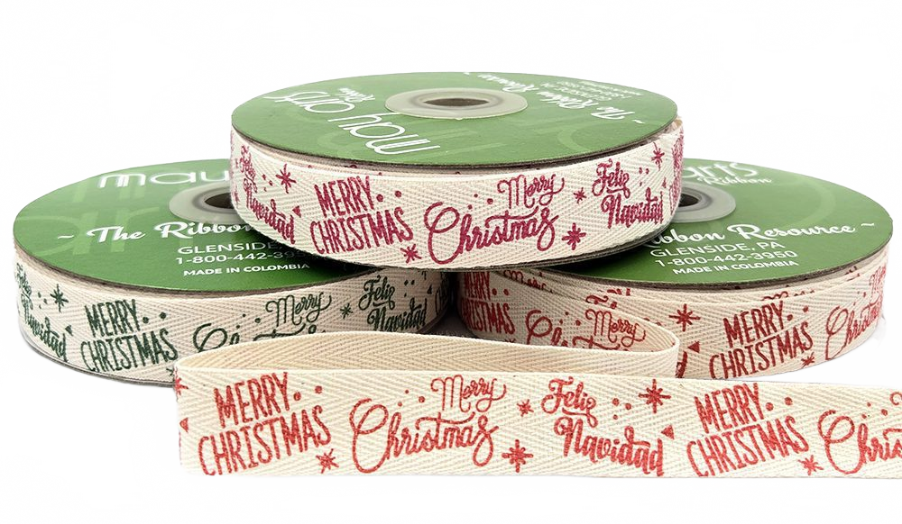 3/4 Inch Merry Christmas Feliz Navidad Ribbon With Woven Edge