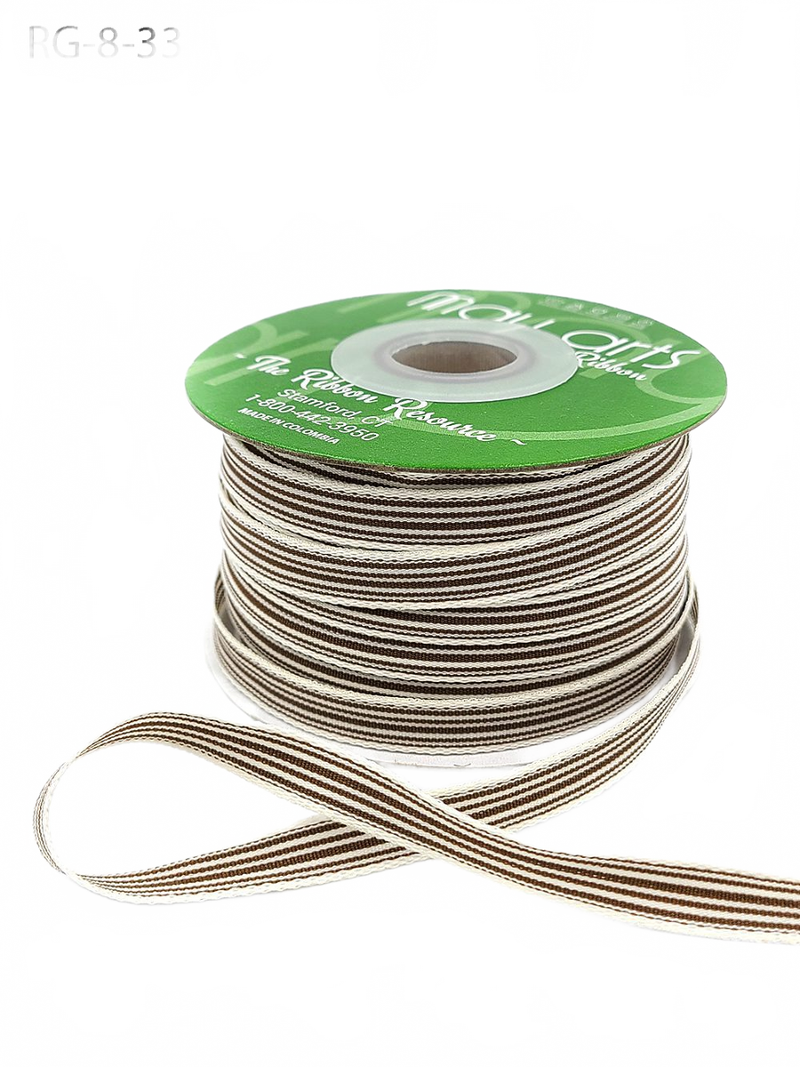 3/8 Inch Woven Brown/Oatmeal Stripes Grosgrain Stripe Ribbon With Woven Edge