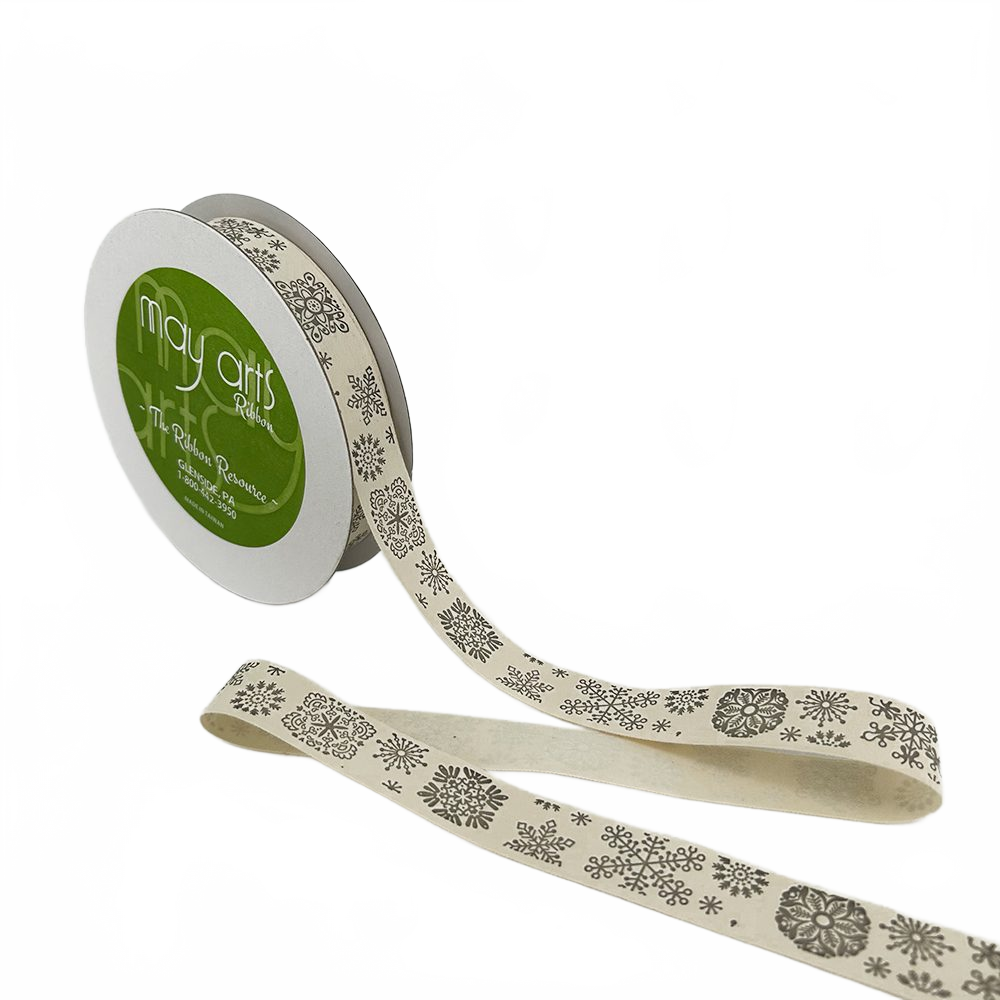3/4 Inch Ivory Snowflakes Canvas Printed Ribbon With Woven Edge