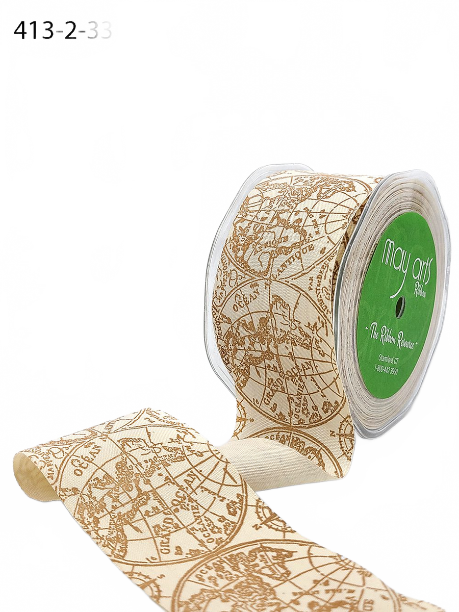 2 Inch Ivory Cotton Printed Globe Ribbon With Woven Edge