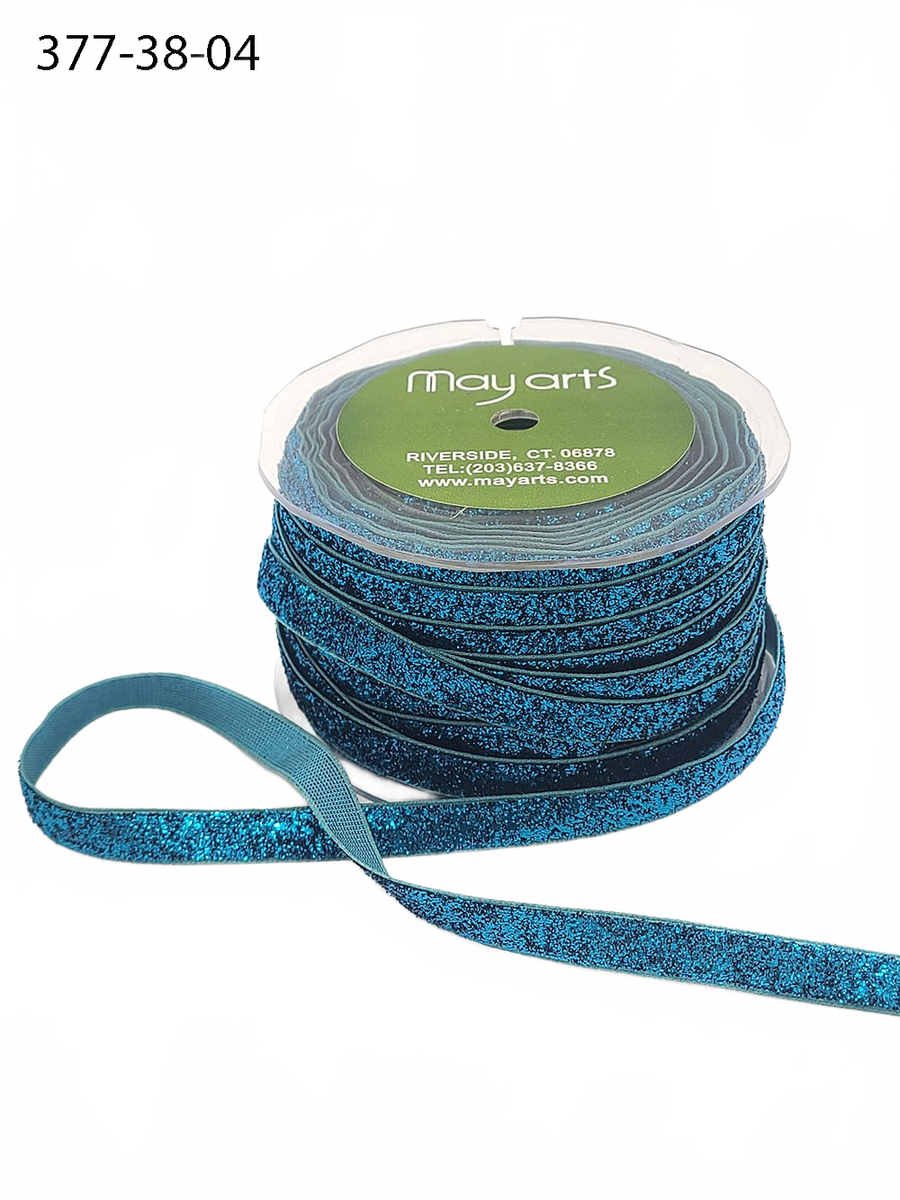 3/8 Inch Woven Metallic Turquoise Velvet Ribbon With Woven Edge