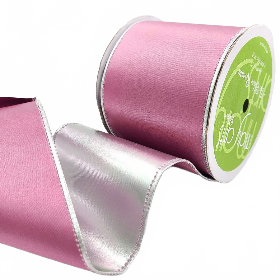 3 Inch Satin Mauve/Silver Metallic Reversible Ribbon With Wired Woven Edge