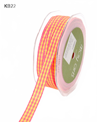 3/8 Inch Checkered Fuchsia/Yellow Ribbon With Woven Edge