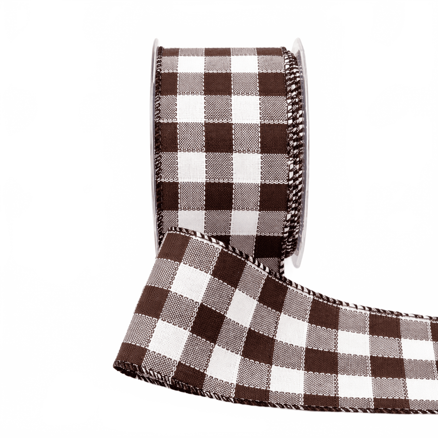 2.5 Inch Woven Check Brown/White Ribbon With Wired Edge