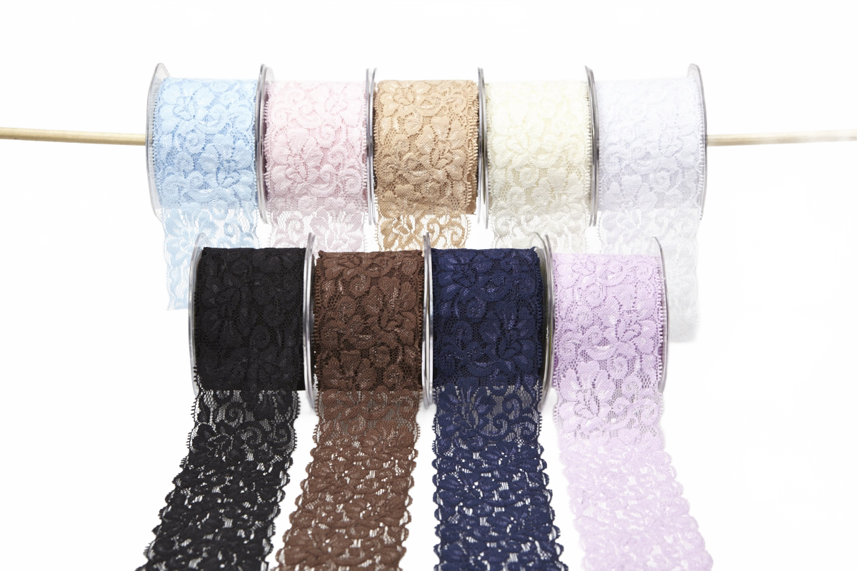2.5 Inch Floral Elastic Lace Trim Lavender Ribbon With Scalloped Eyelash Edge