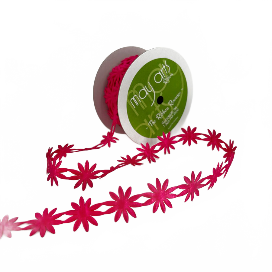 3/4 Inch Original Fuchsia Daisies Satin Cut Out Banner Ribbon With Cut Sealed Edge