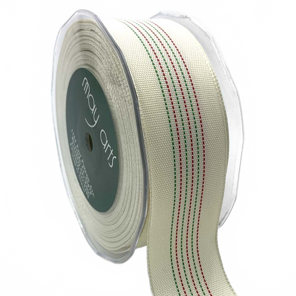 1.5 Inch Woven Center Stitched Striped Christmas Ivory/Red/Green Ribbon