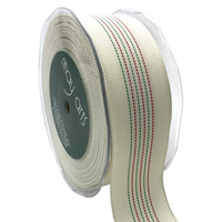 1.5 Inch Woven Center Stitched Striped Christmas Ivory/Red/Green Ribbon