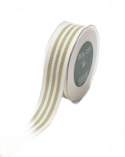 ~1.25 Inch Triple Woven Stripe Ivory/Olive Green Ribbon With Woven Edge