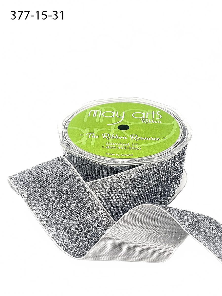 1.5 Inch Woven Metallic Silver Velvet Ribbon With Woven Edge