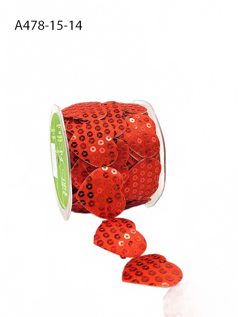 1.5 Inch Adhesive Puffy Sequin Heart Red Ribbon With Sealed Cut Edge