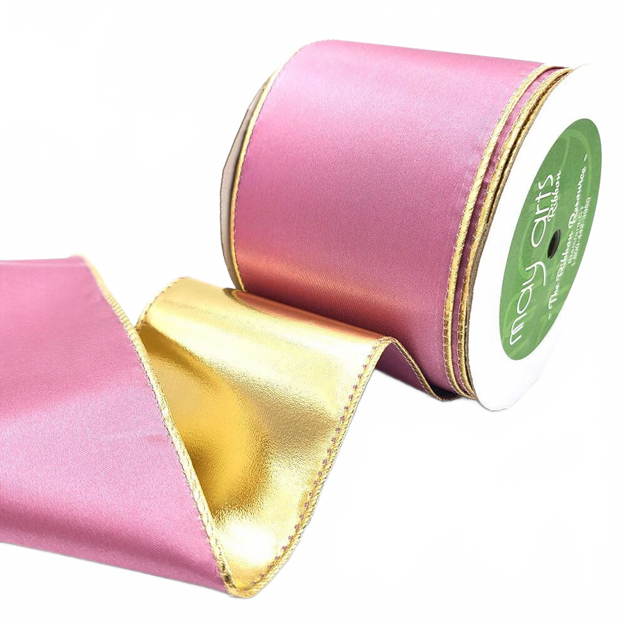 3 Inch Satin Dusty Pink/Gold Metallic Reversible Ribbon With Wired Woven Edge