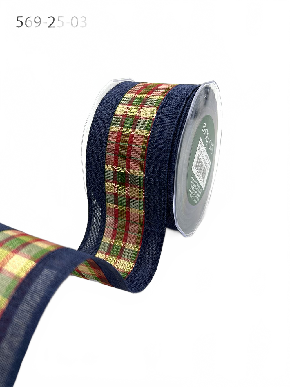 2.5 Inch Navy Metallic Tartan Plaid Center Ribbon With Wired Woven Edge