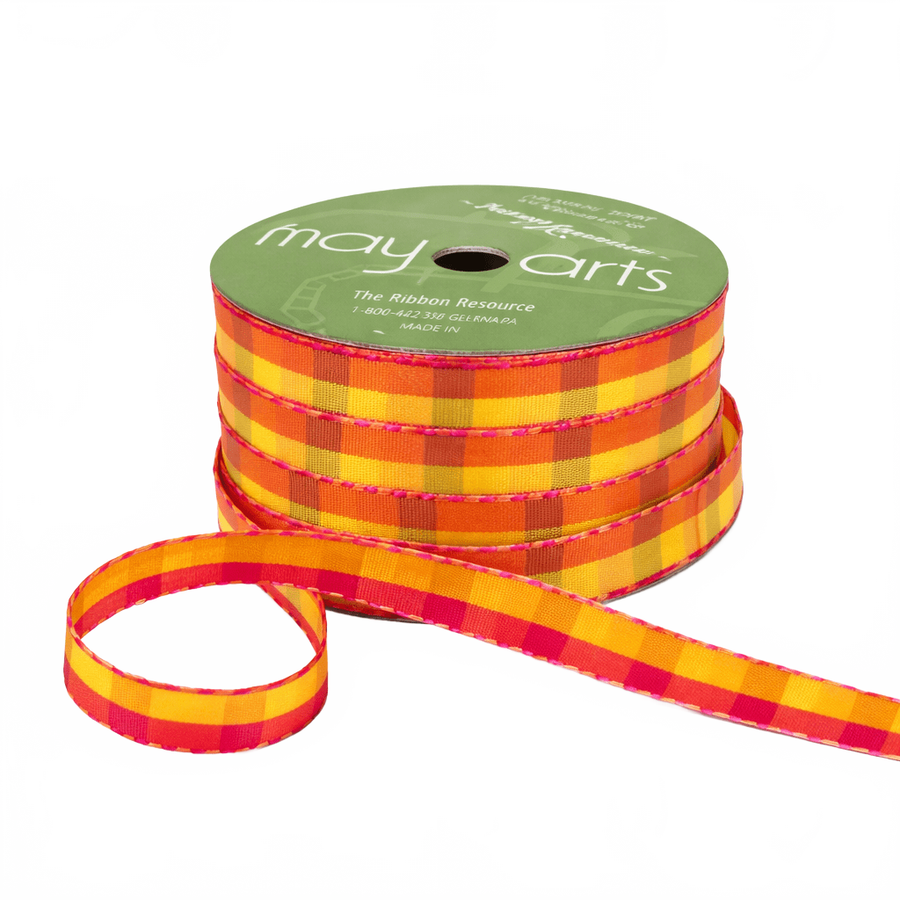 1/2 Inch Multi-Color Checkered Orange/Yellow/Pink Ribbon With Woven Stitched Edge