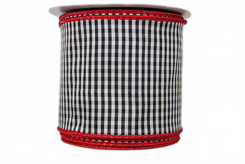 Ribbon 4" Black And White Gingham Checks On Wire-Edged Red