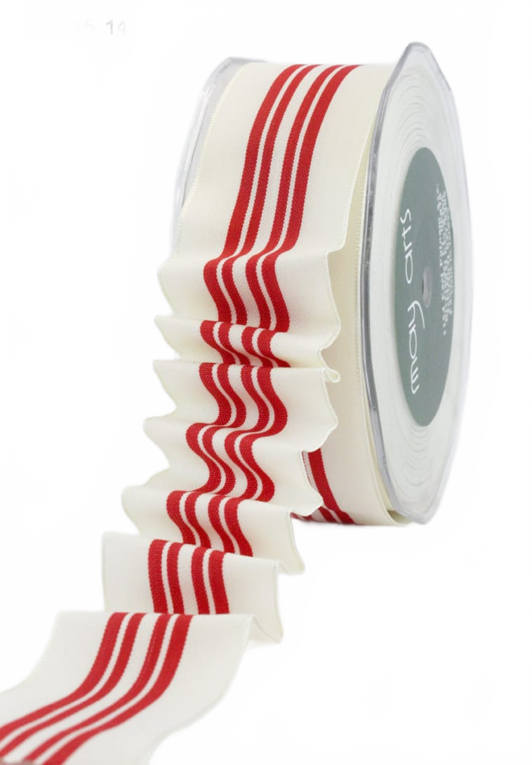 1.5 Inch Holiday Four Stripes Ivory/Red Ribbon With Wired Edge