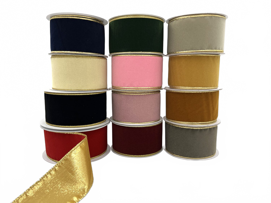 2.5 Inch Velvet Gold Back Ribbon With Wired Edge