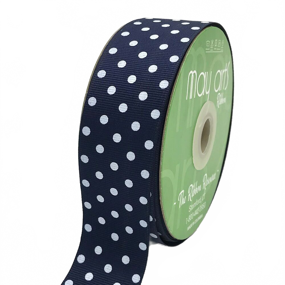 1.5 Inch Navy/White Dots Grosgrain Printed Dots Ribbon With Woven Edge