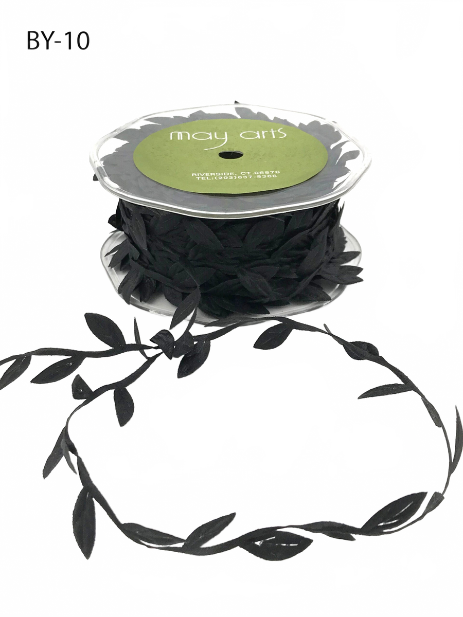 3/4 Inch Classic Leaves Black Ribbon With Sealed Cut Edge