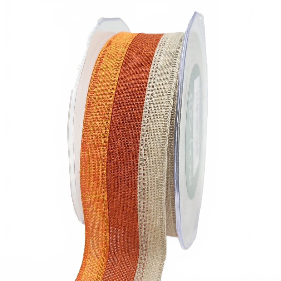 1.5 Inch Wired Tri-Color Faux Natural/Pumpkin Spice/Orange Linen Ribbon