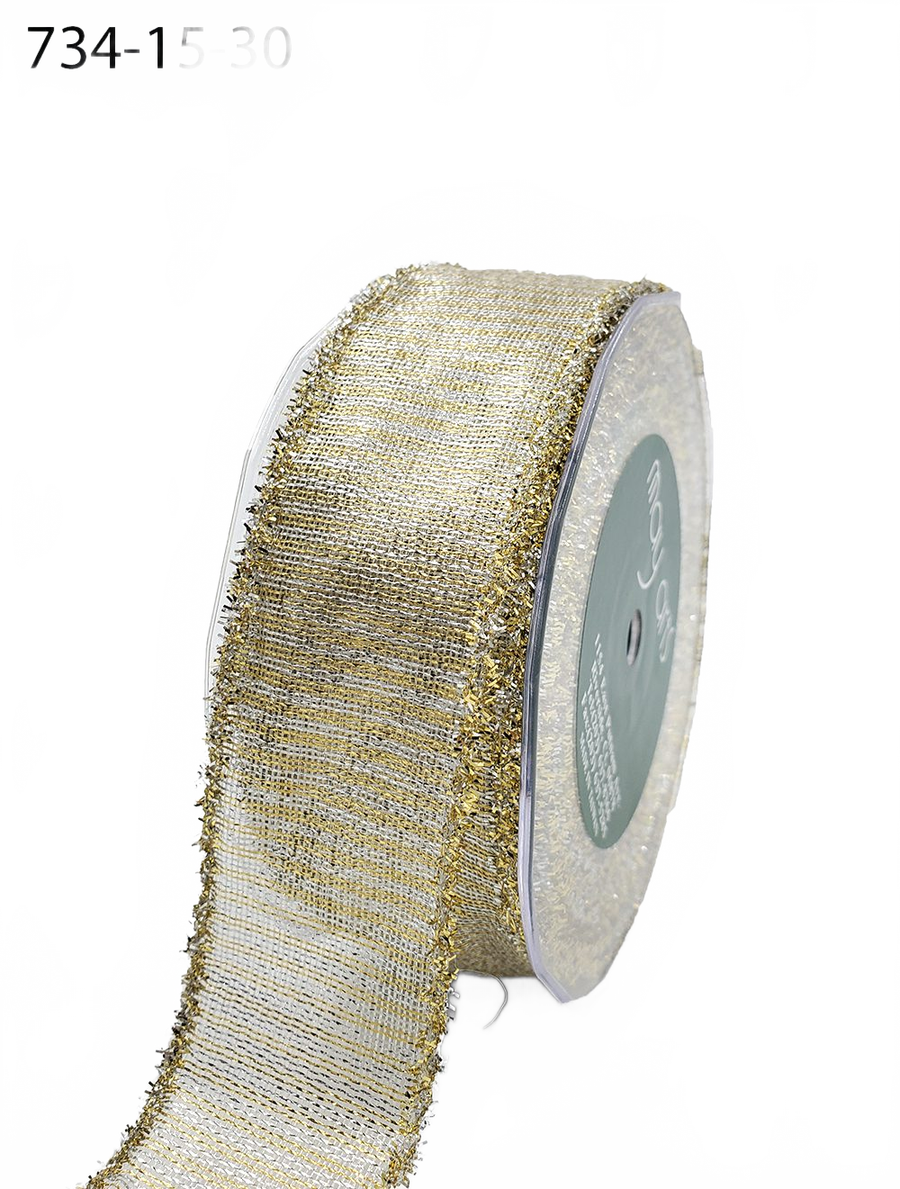 1.5 Inch Wired Gold/Silver Metallic Striped Ribbon With Tinsel Edge