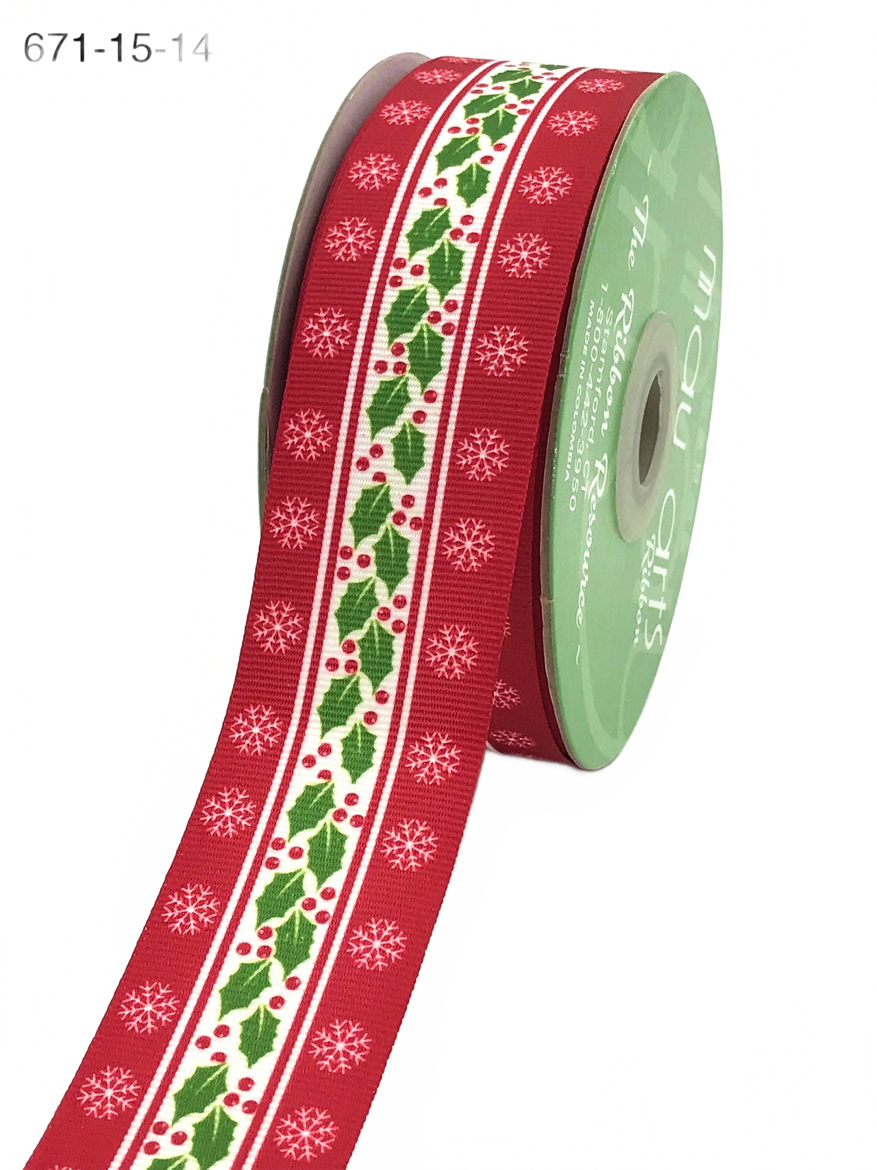 1.5 Inch Stiff Grosgrain Holly Berry Snowflake Print Ribbon With Woven Edge