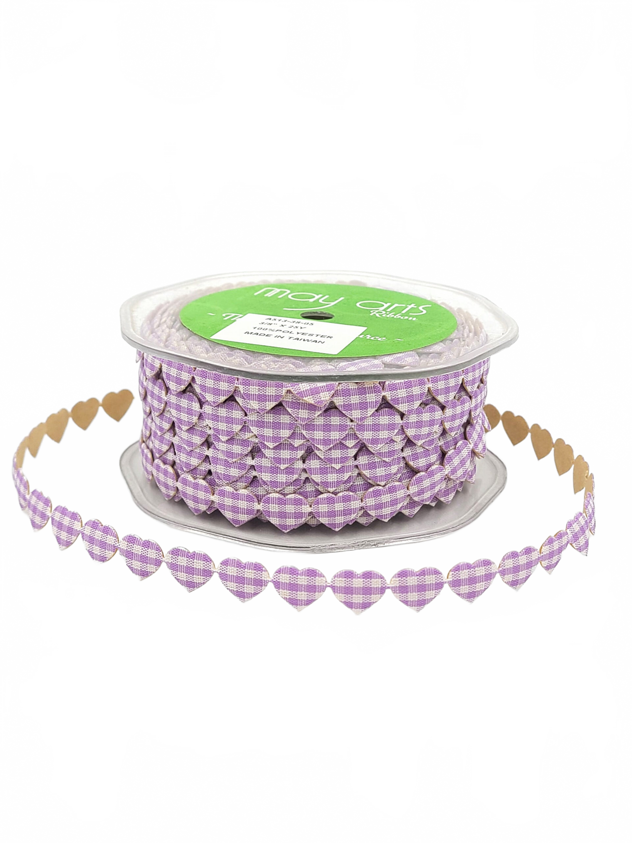 3/8 Inch Adhesive Puffy Mini Gingham Heart Lavender/Ivory Ribbon With Cut Sealed Edge