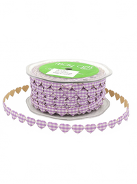3/8 Inch Adhesive Puffy Mini Gingham Heart Lavender/Ivory Ribbon With Cut Sealed Edge