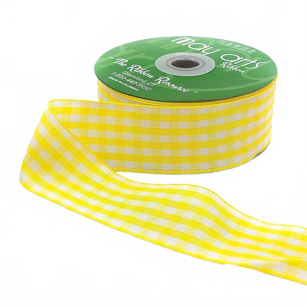 1.5 Inch Checkered Gingham Yellow Ribbon With Woven Edge
