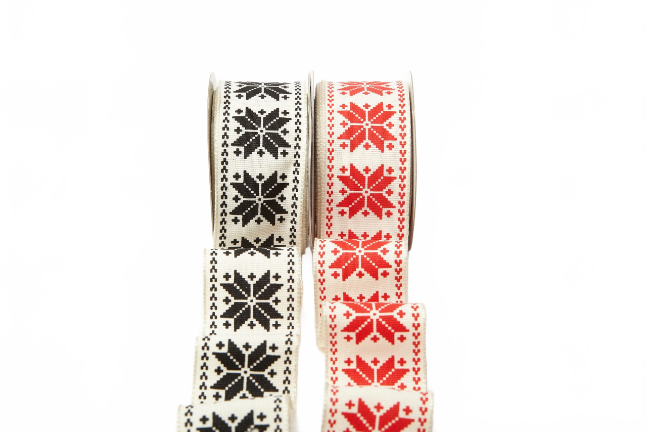1.5 Inch Scandinavian-Inspired Snowflake Print Ribbon With Wired Woven Edge