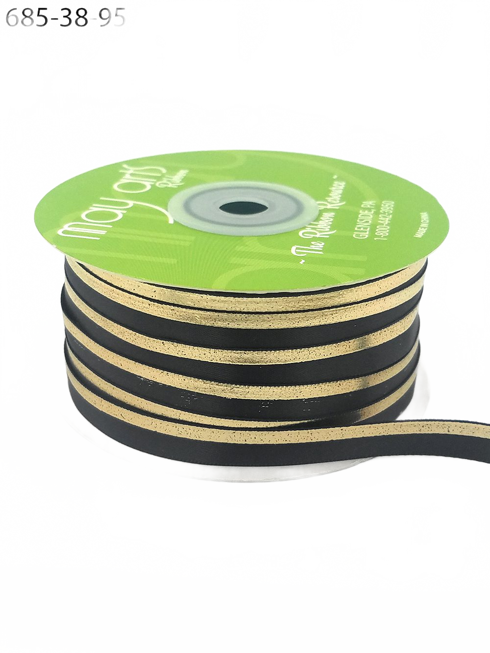~3/8″ Single Faced Satin Gold Charcoal/Gold Foil Stripe Ribbon