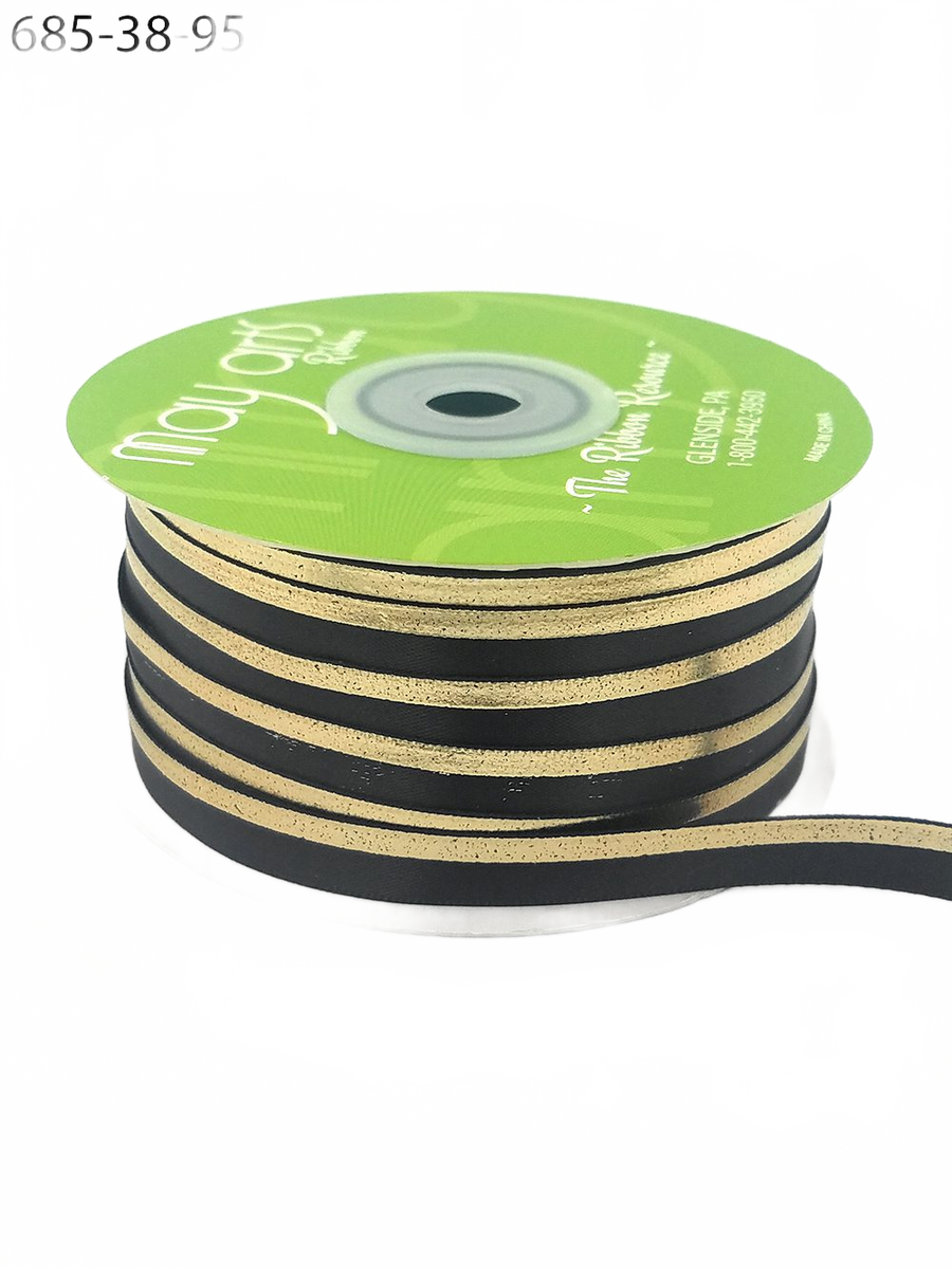 ~3/8″ Single Faced Satin Gold Charcoal/Gold Foil Stripe Ribbon