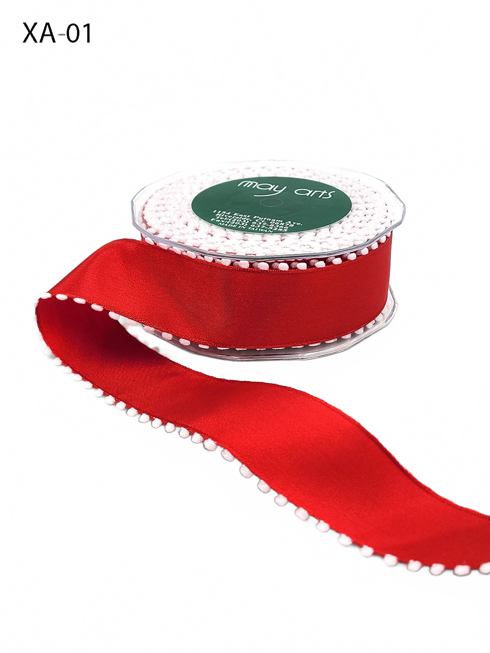 1.5 Inch Red/White Taffeta Ribbon With Pom Pom Wired Edge