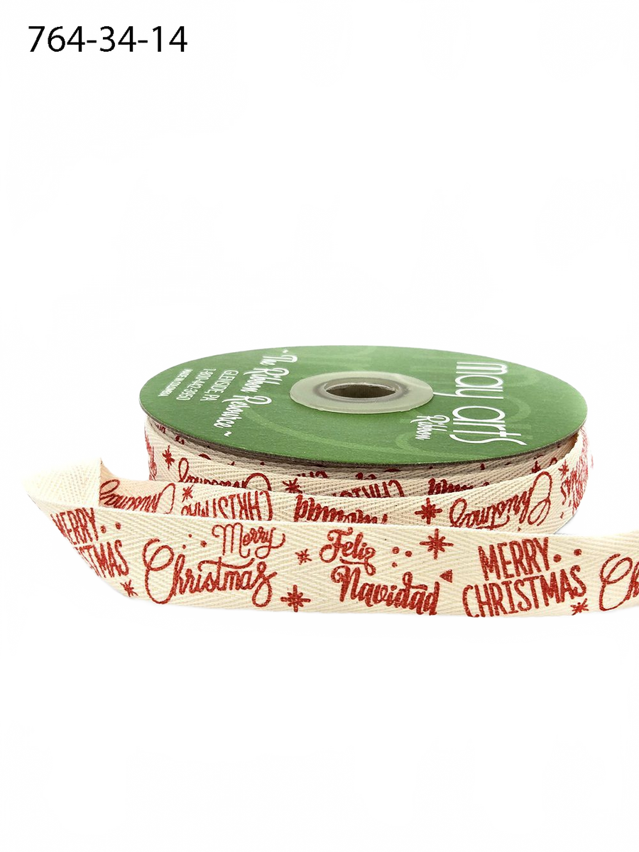 3/4 Inch Merry Christmas Feliz Navidad Red Ribbon With Woven Edge
