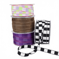1/2 Inch Multi-Color Checkered Lavender/Parrot Green Ribbon With Woven Stitched Edge