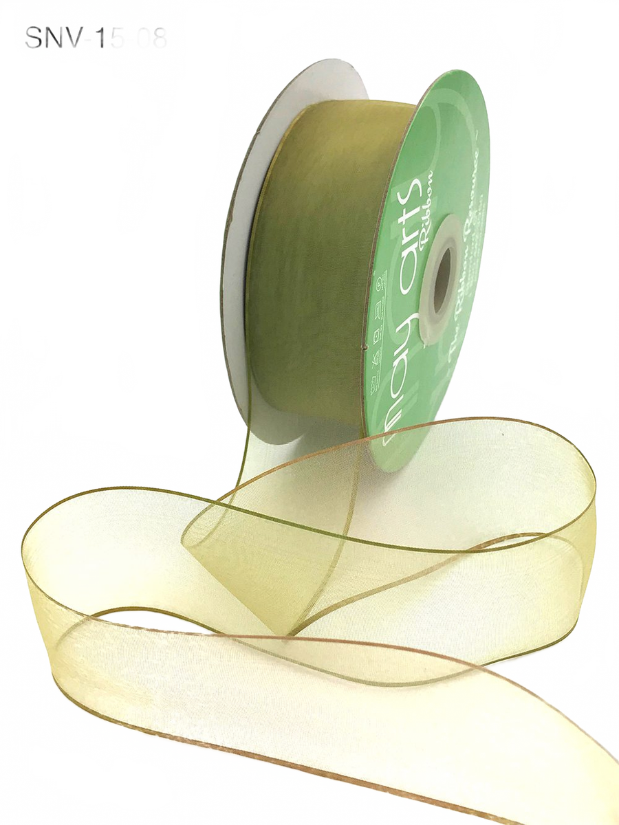 1.5 Inch Soft Variegated (Multi-Color) Moss/Taupe Sheer Ribbon With Thin Solid Edge