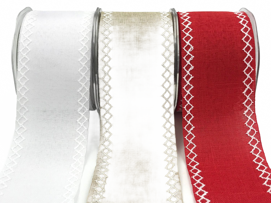 2.5 Inch White Diamond Stitch Canvas Ribbon With Cut Edge