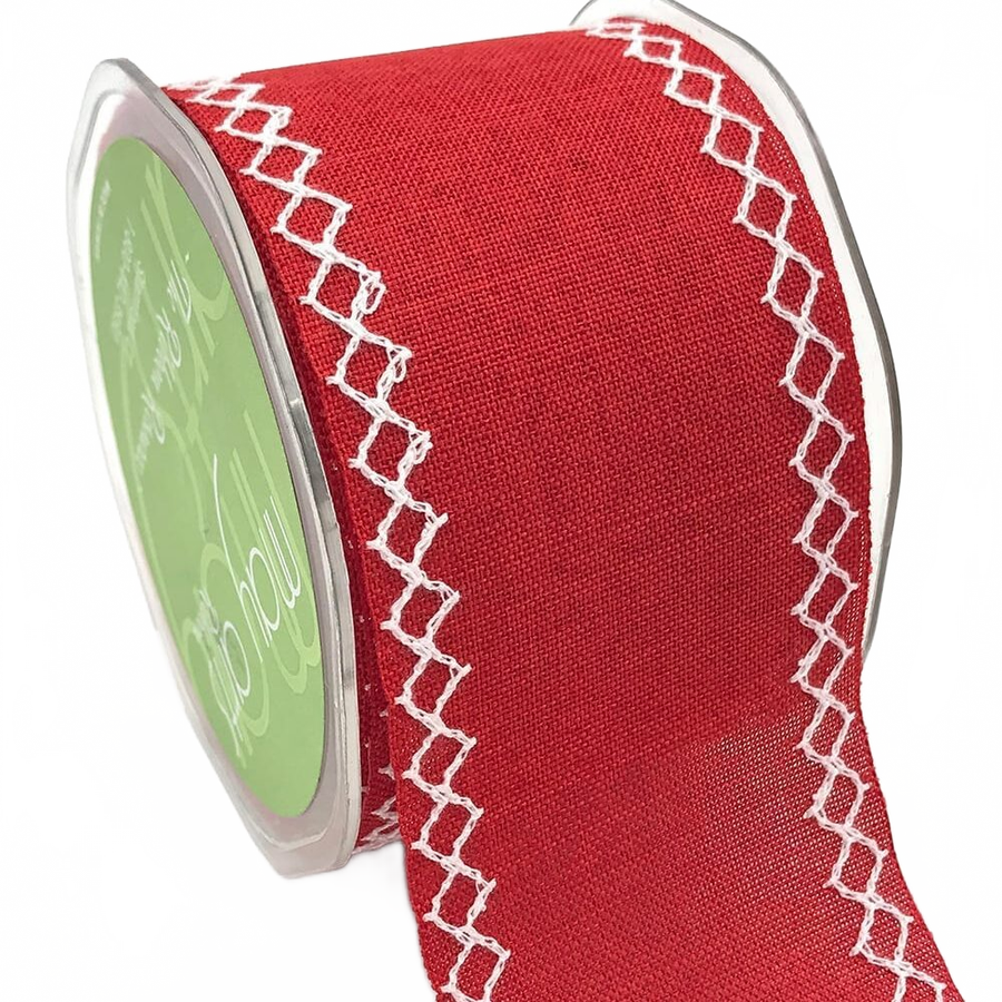 2.5 Inch White Diamond Stitch Red Canvas Ribbon With Cut Edge