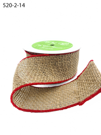 2 Inch 100% Jute Natural/Red Burlap Ribbon With Color Wired Edge