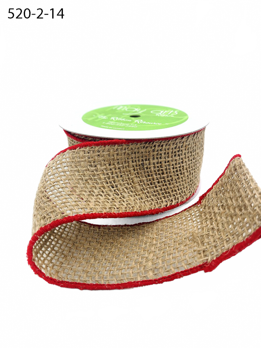 2 Inch 100% Jute Natural/Red Burlap Ribbon With Color Wired Edge