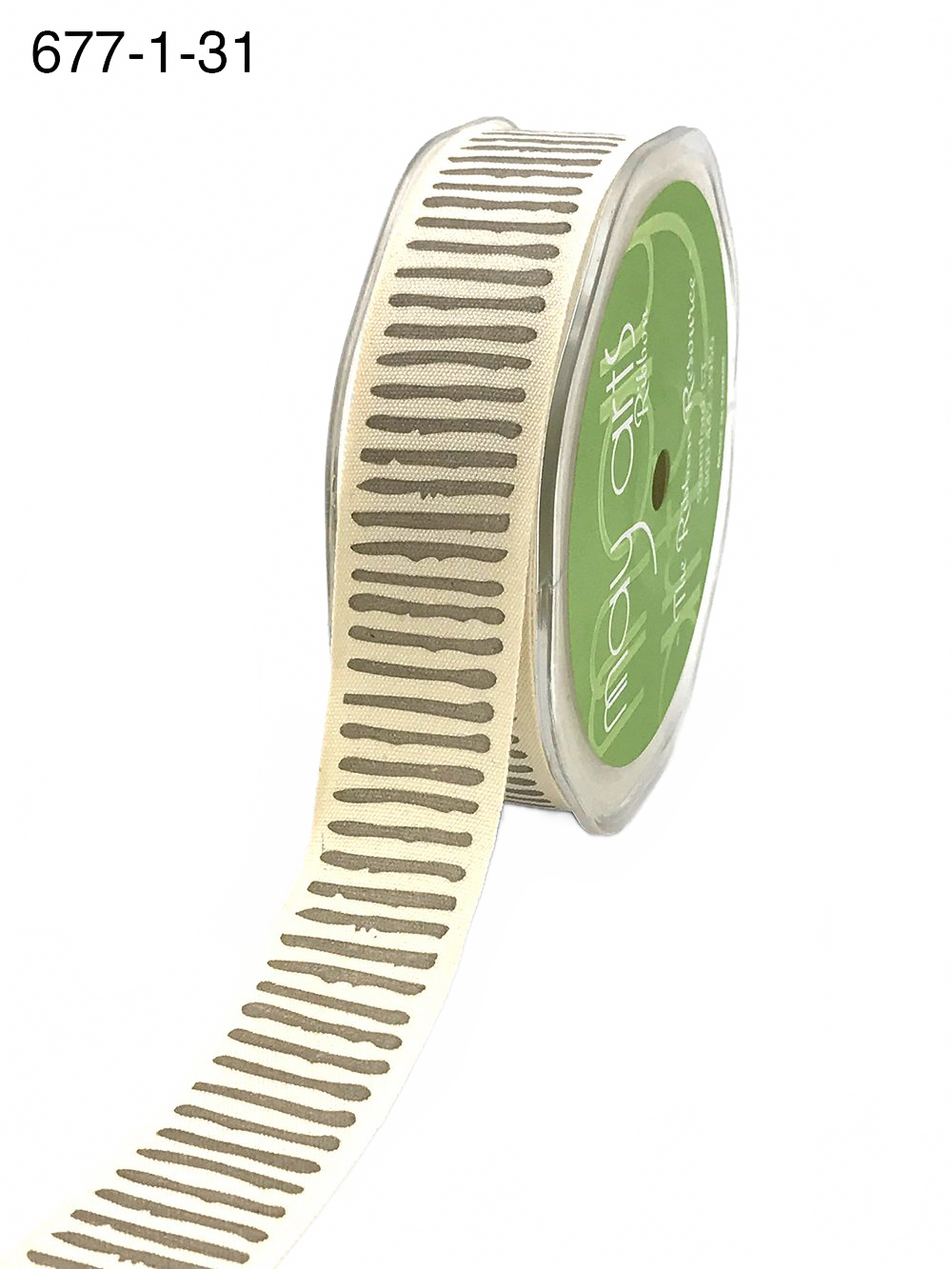 1 Inch Natural/Grey Cotton Paint Stripe Print Ribbon With Woven Edge