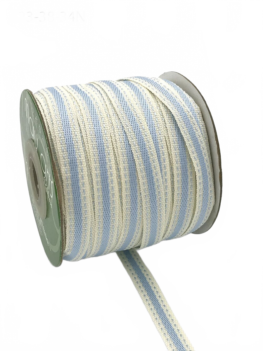 3/8 Inch Solid Color Band Ivory/Light Blue Ribbon With Natural Woven Stitched Edge
