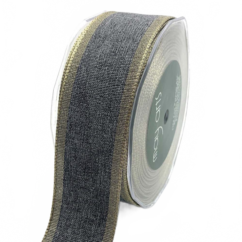 1.5 Inch Woven Chambray Lined Charcoal/Gold Metallic Edge Ribbon