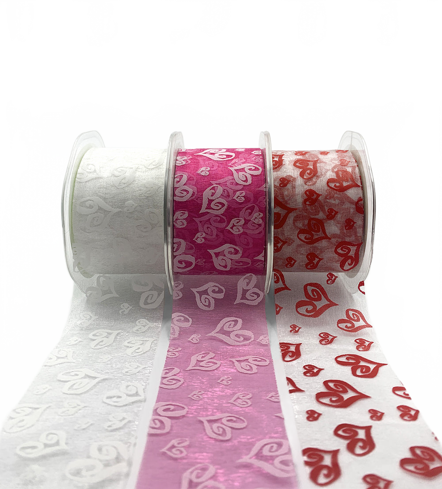 2 Inch Shimmer Sheer Printed Hearts Ribbon With Cut Edge