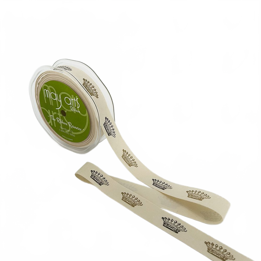3/4 Inch Ivory Crowns Canvas Printed Ribbon With Woven Edge
