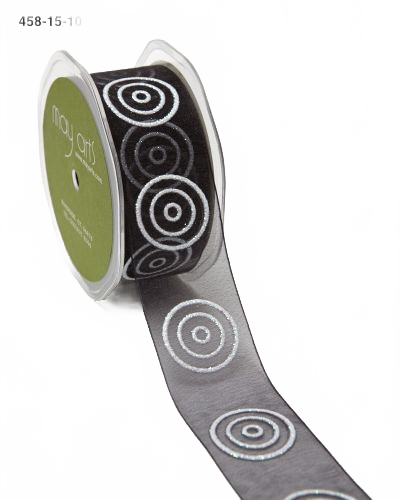 1.5 Inch Black/White Sheer With Glitter Bullseye Circles Ribbon With Woven Edge