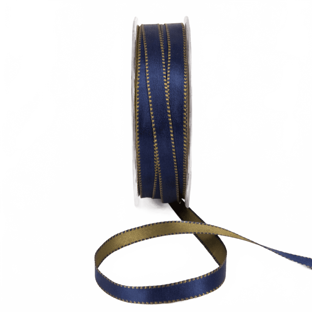 3/8 Inch Two-Color Reversible Olive Green/Navy Blue Satin With Woven Stitched Edge