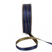 3/8 Inch Two-Color Reversible Olive Green/Navy Blue Satin With Woven Stitched Edge