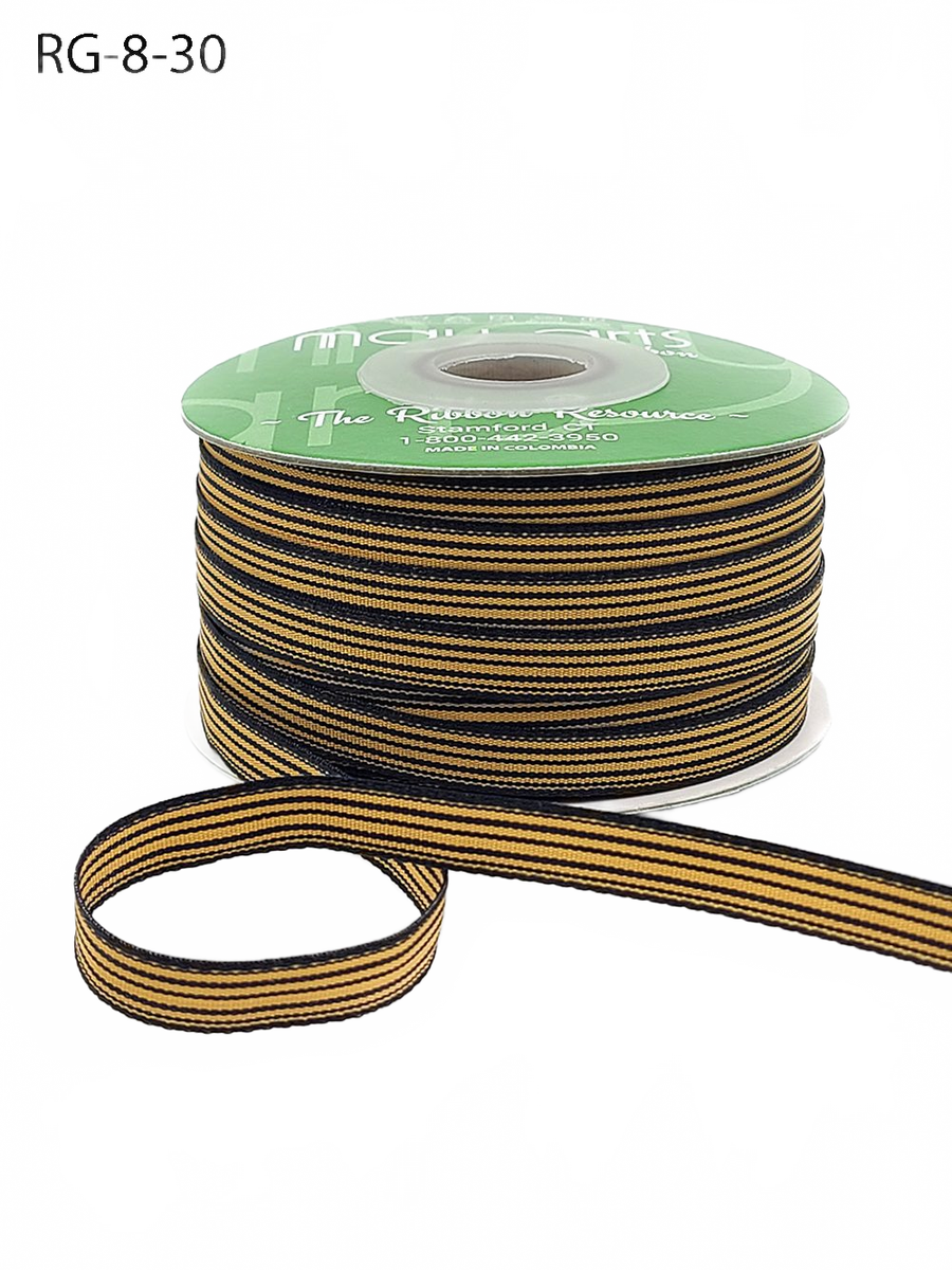 3/8 Inch Woven Black/Gold Grosgrain Stripe Ribbon With Woven Edge